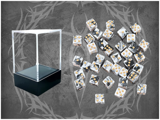 36 Dice Pack 12mm Light Black & White w/ Gold Accents Square Edges