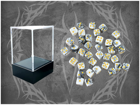 36 Dice Pack 12mm Black & White w/ Yellow Accents Rounded Edges