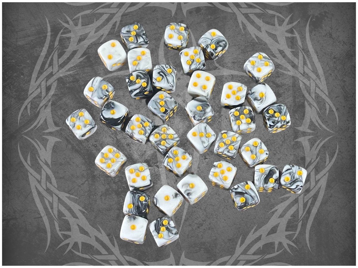 36 Dice Pack 12mm Black & White w/ Yellow Accents Rounded Edges