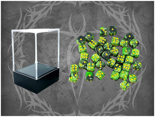 36 Dice Pack 12mm Black & Green w/ Yellow Accents Rounded Edges