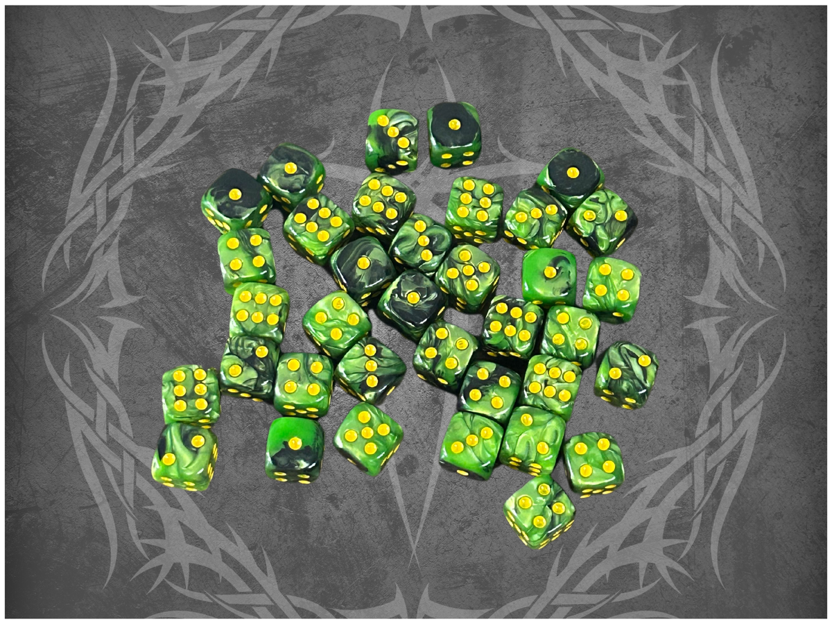 36 Dice Pack 12mm Black & Green w/ Yellow Accents Rounded Edges