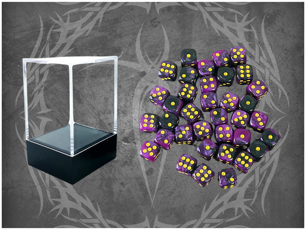 36 Dice Pack 12mm Black & Purple w/ Yellow Accents Rounded Edges